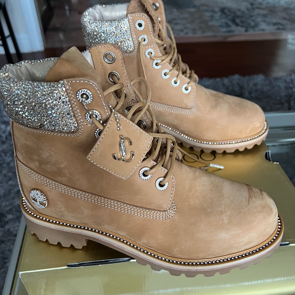Jimmy Choo Tan Glitter Moto Boots